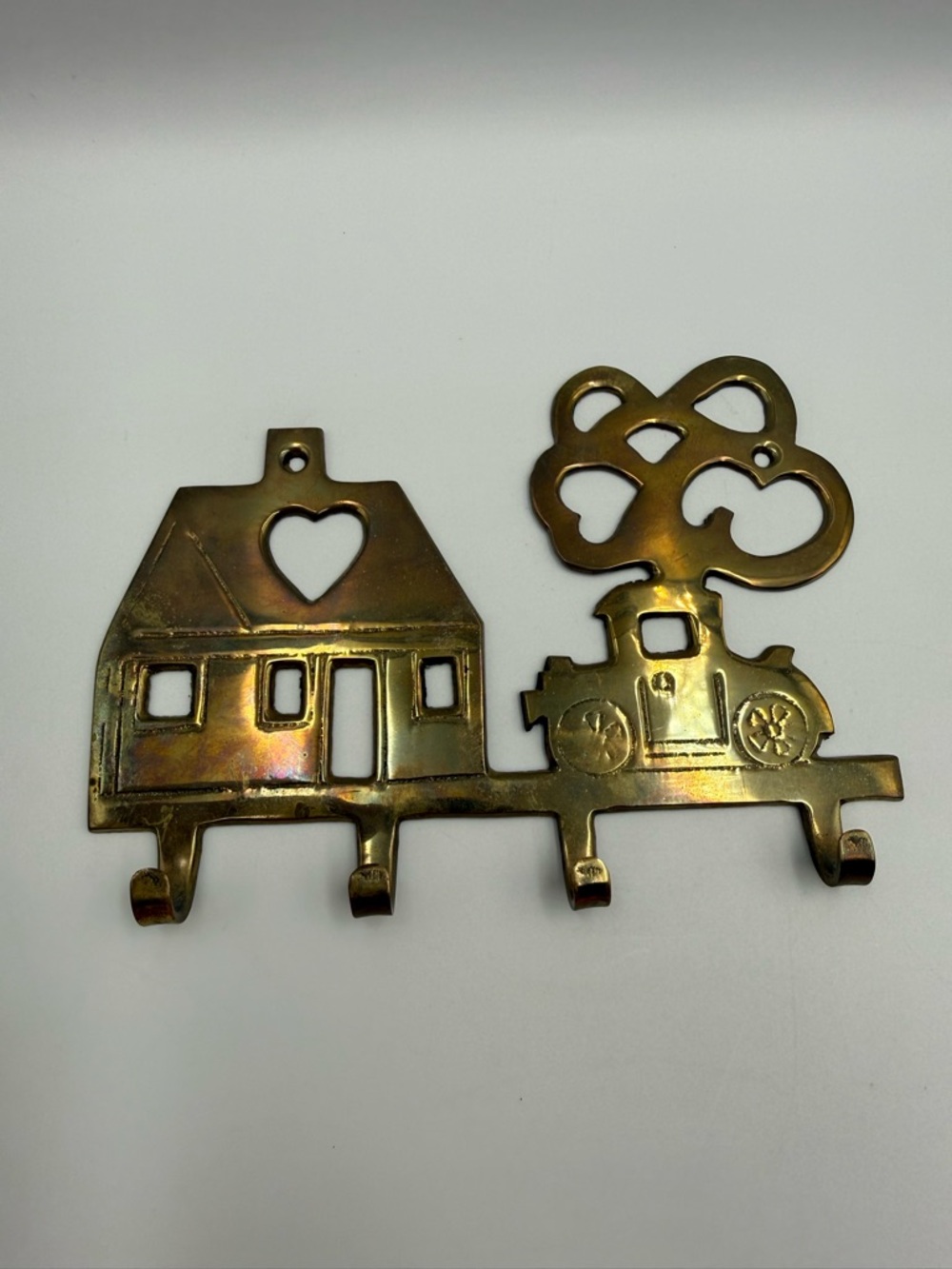 VINTAGE SOLID BRASS KEY HOLDER  4 KEY HOOKs  House Tree Car - Picture 10 of 11